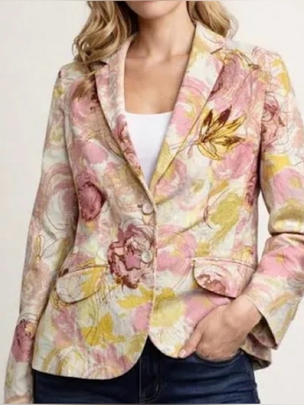 ANN TAYLOR Floral Blazer Jacket Women's Size 10 Pink Yellow Cream Lined Career